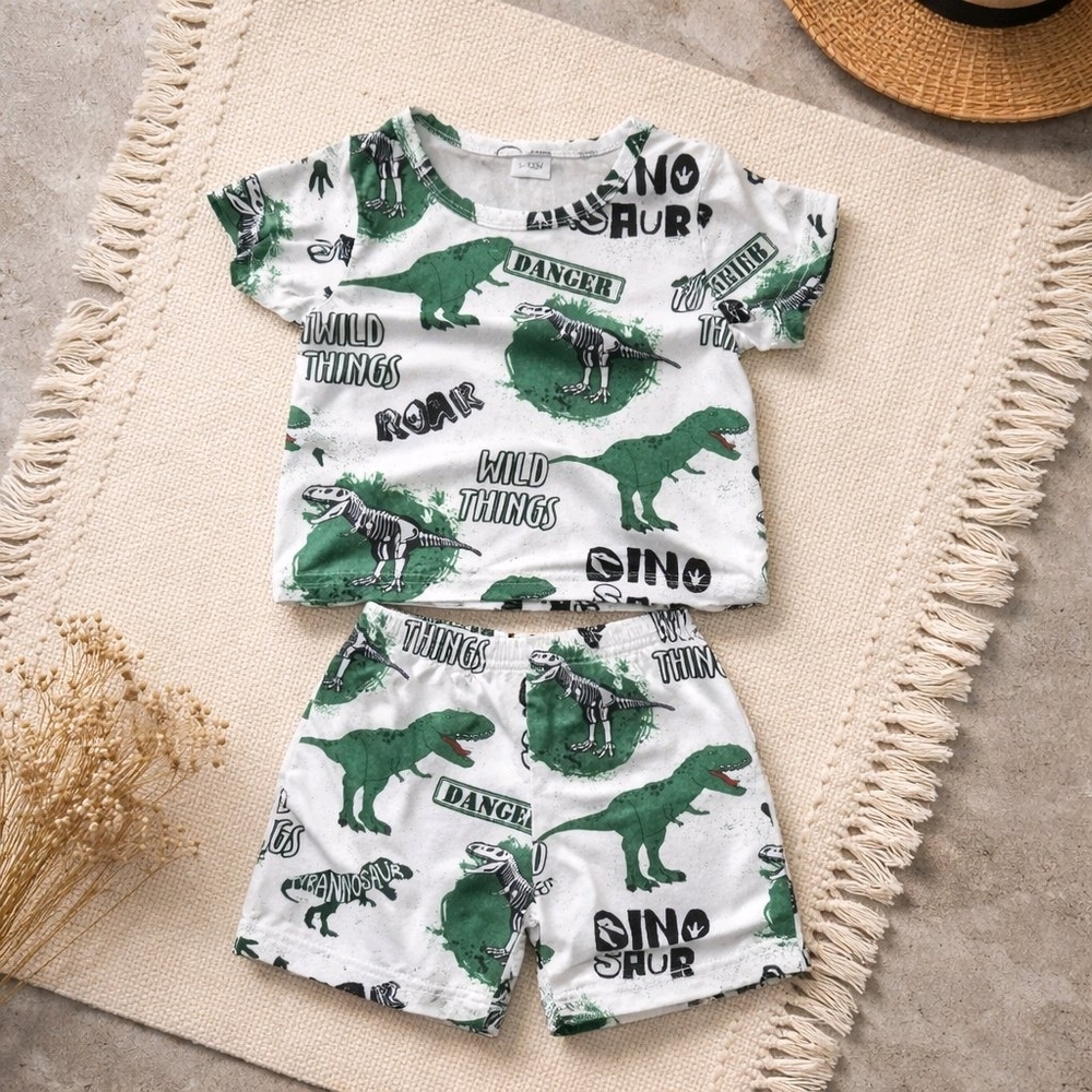 6-9M Dinosaur Print Kids Matching Set - Green and White
